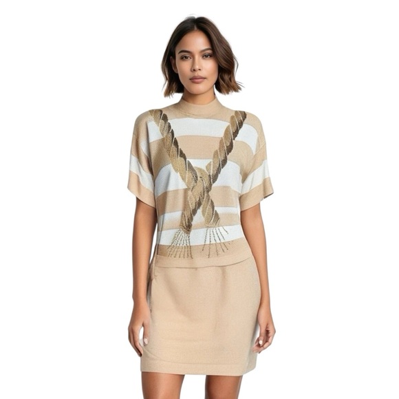 St John Dresses & Skirts - ST JOHN Collection Women Crew Neck Nautical Sweater Skirt Set Beige Stripe Knit